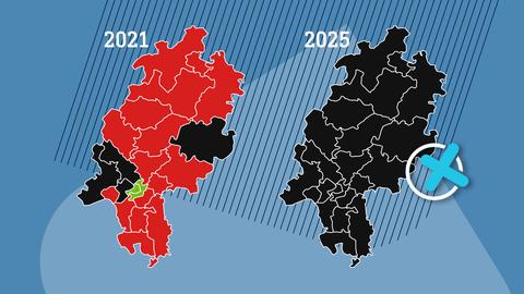 Zwei Hessenkarten mit eingezeichneten Wahlkreisen nebeneinander. Neben der linken steht "2021" und sie ist teil rot, teils schwarz und ein wenig grün eingefärbt. Neben der rechten steht "2025" und sie ist ganz schwarz.