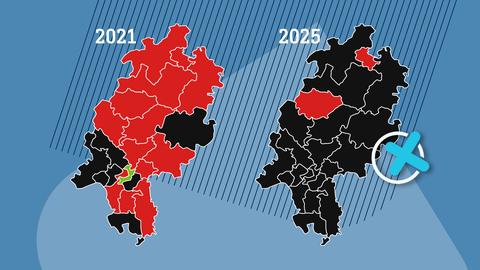 Zwei Hessenkarten mit eingezeichneten Wahlkreisen nebeneinander. Neben der linken steht "2021" und sie ist teils rot, teils schwarz und ein wenig grün eingefärbt. Neben der rechten steht "2025" und sie ist fast ganz schwarz, nur zwei Wahlkreise sind rot eingefärbt.