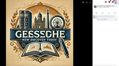 Screenshot der Facebook-Seite "Geschichte neu entdecken heute": ein gezeichnetes Logo mit Hochhäusern, einem Riesenrad und einer Kirche mit dem Schriftzug "Geessche new discover today"