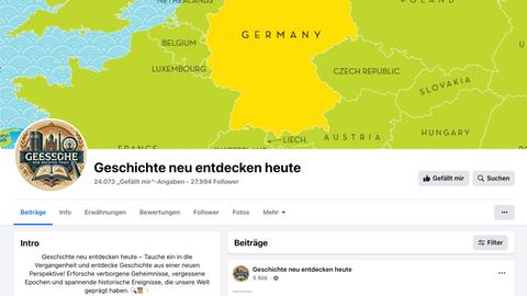 Screenshot der Facebook-Seite "Geschichte neu entdecken heute" mit einem Ausschnitt aus der Europa-Landkarte. Alle Länder sind grün eingefärbt außer Deutschland, das gelb hervorgehoben ist. Statt Deutschland steht dort "Germany", auch die Namen der Nachbarstaaten stehen auf der Karte auf Englisch.