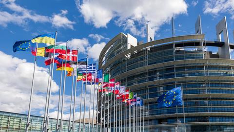 Flaggen aller Mitgliedsländer wehen vor dem Gebäude des EU-Parlaments in Brüssel.
