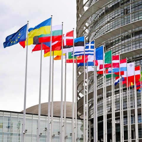 Ein runder Glasbau mit den Flaggen der EU-Mitgliedsstaaten davor.