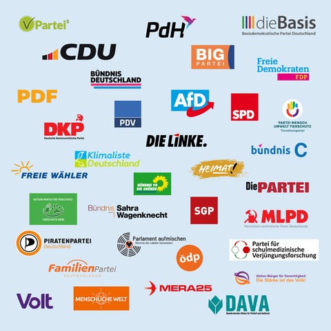 Zahlreiche Logos vieler Parteien auf einem hellblauen Hintergrund.