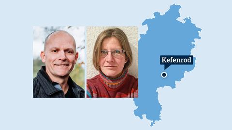 Zwei Portraits - ein Mann und eine Frau - nebeneinander vor einer blauen Hessenkarte, in welche der Ort "Kefenrod" eingezeichnet ist.