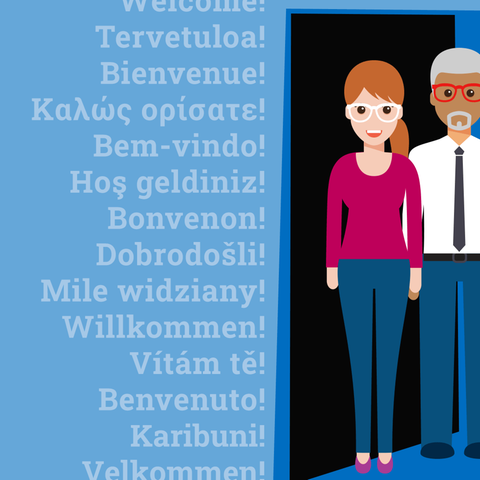Die Grafik zeigt eine Tür mit einem Klingelschild "Ausländerbeirat". In der Tür steht eine Frau mit einem Lächeln. Auf der Wand neben der Tür steht in vielen Sprachen "Willkommen".