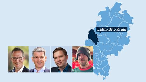 Links die Hessenkarte mit Hervorhebung des Lahn-Dill-Kreises, links die vier Kandidaten