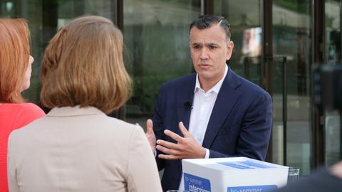 hr-Sommerinterview vor dem Landtag: Der FDP-Fraktionsvorsitzende Stefan Naas mit den Moderatorinnen Sandra Müller (r.) und Ute Wellstein.