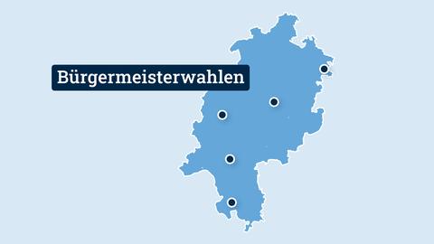 Eine mittelblaue Hessenkarte auf einem hellblauen Hintergrund. In der Karte sind fünf Ortspunkte eingezeichnet. Daneben steht "Bürgermeisterwahlen". 