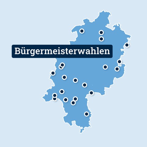Vor hellblauem Hintergrund eine mittelblaue Hessenkarte mit vielen Ortspunkten. Daneben steht "Bürgermeisterwahlen".