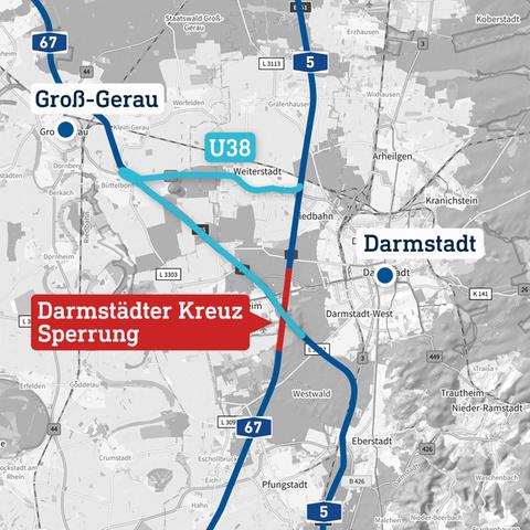 Karte des Bereichs um ein Autobahnkreuz, beschriftet mit "Darmstädter Kreuz". Es sind die Autobahnen, die Sperrung und eine Umleitung eingezeichnet.