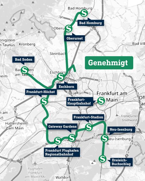 Die Grafik zeigt schematisch geplante S-Bahn-Strecken im Rhein-Main-Gebiet.