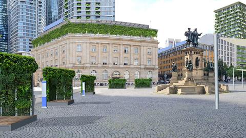 Städtischer Platz mit Wasserspendern, begrünten Pflanzeninseln, begrünten historischen Fassaden und Schatten spendenden Elementen.