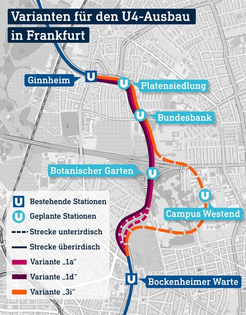 Karte mit einem Bereich aus Frankfurt, in welchem verschiedene Linien in unterschiedlichen Farben eingezeichnet sind.