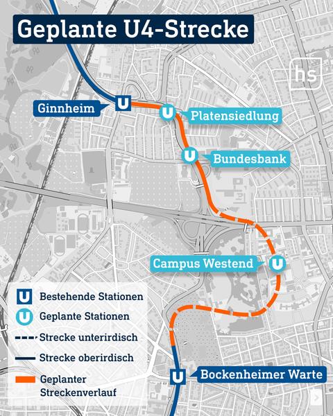 Karte mit einem Bereich aus Frankfurt, in welchem eine orangfarbene Linie eingezeichnet ist. Dazu Ortsnamen und Namen von U- und S-Bahn-Stationen.