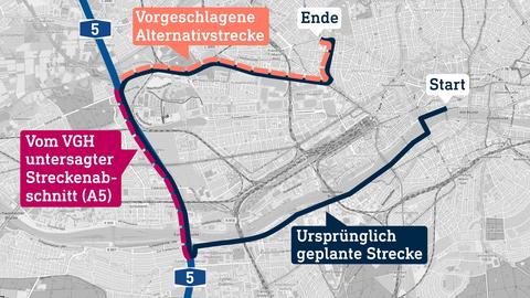 Kartenausschnitt Frankfurt und westliches Umfeld mit einer eingezeichneten Linie, die farblich in drei Strecken gegliedert ist.