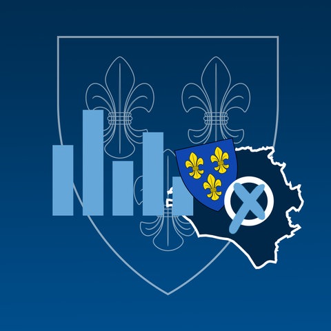 Grafik, bestehend aus dem Wappen von Wiesbaden, einem Wahlkreuz, einem stilisierten Säulendiagramm und dem Umriss der Stadt. Alles auf einem dunkelblauen Hintergrund.