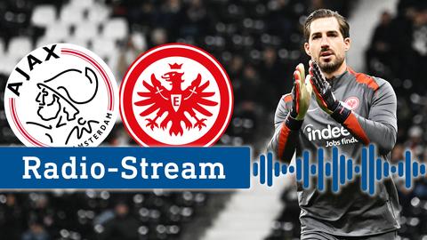 Zwei Logos nebeneinander: links Amsterdam, rechts Eintracht. Darunter ein Balken, in dem "Radio-Stream" steht und kleine wellenförmige Striche. Im Hintergrund ein Bild mit einem Fußballspieler in Action in einem Stadion.