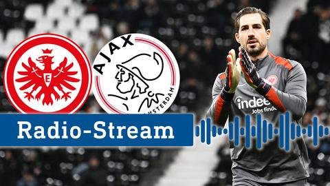 Zwei Logos nebeneinander: links Eintracht, rechts Amsterdam. Darunter ein Balken, in dem "Radio-Stream" steht und kleine wellenförmige Striche. Im Hintergrund ein Bild mit einem Fußballspieler in Action in einem Stadion.