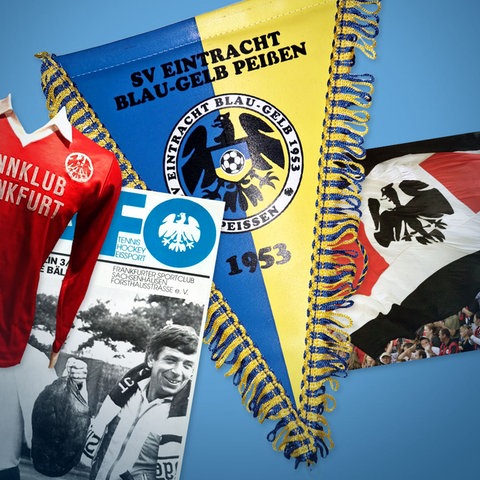 Collage aus einem roten Trikot, einer Coverseite eines Fußballmagazins, einem gelb-blauen Wimpel und einem Foto, auf welchem eine Menschenmenge eine riesige Fahne trägt - alle mit einem Logo auf Grundlage eines Adlers. 