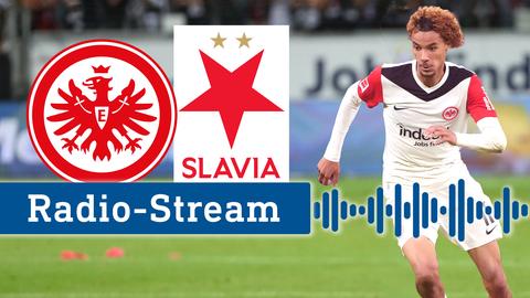 Collage: links die Logos von Eintracht Frankfurt und Prag, rechts der Eintrachtspieler Hugo Ekitike, Schriftzug: "Radiostream"