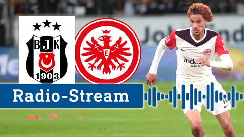 Collage: links die Logos von Istanbul und der Eintracht Frankfurt, rechts der Eintrachtspieler Hugo Ekitike, Schriftzug: "Radiostream"