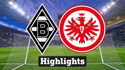 Im Hintergrund sieht man ein Fussballstadion, davor links das Logo von Borussia Mönchengladbach und rechts das Logo der Eintracht Frankfurt