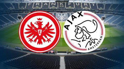 Collage: Das Logo der Eintracht und das Logo von Ajax Amsterdam nebeneinander im Frankfurter Stadion