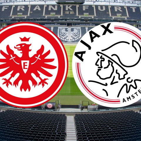 Collage: Das Logo der Eintracht und das Logo von Ajax Amsterdam nebeneinander im Frankfurter Stadion