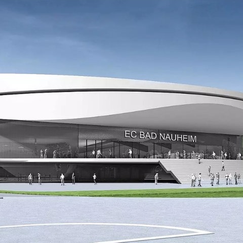 Das Bild zeigt einen Entwurf des neuen Eisstadions in Bad Nauheim. Groß, weiß, mit Treppen vor den Eingang.
