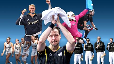 Collage aus fünf ausgeschnittenen Sportler*innen und Sport-Teams vor blauem Hintergrund.