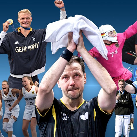 Collage aus fünf ausgeschnittenen Sportler*innen und Sport-Teams vor blauem Hintergrund.