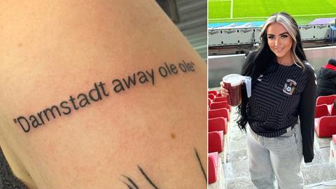 Bildkombination aus zwei Fotos: links eine Tätowierung "Darmstadt away ole ole" auf einem Arm in Nahaufnahme, rechts eine Frau, die im Stadion steht und in die Kamera lächelt.