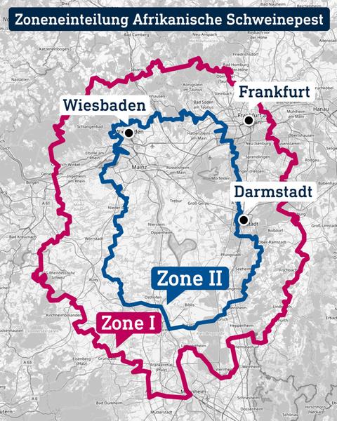 Kartenausschnitt von Südhessen, in welchen zwei Zonengrenzen eingezeichnet wurden. Darüber steht "Zonierung Afrikanische Schweinepest".