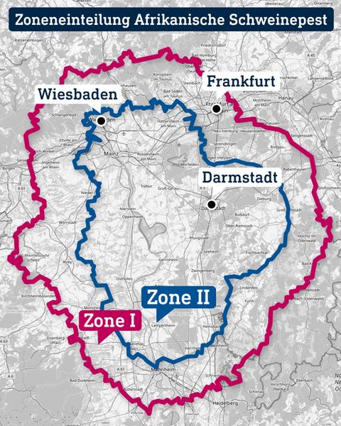 Kartenausschnitt von Südhessen, in welchen zwei Zonengrenzen eingezeichnet wurden. Darüber steht "Zonierung Afrikanische Schweinepest".