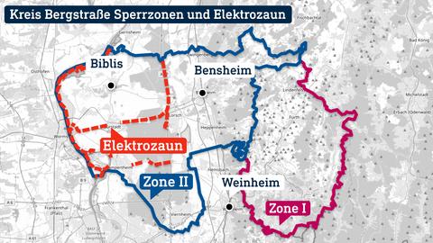 Kartenausschnitt vom Kreis Bergstraße, in welchen zwei Zonengrenzen und rote Linien für den Verlauf eines Elektrozauns eingezeichnet wurden. Darüber steht "Kreis Bergstraße Sperrzonen und Elektrozaun".