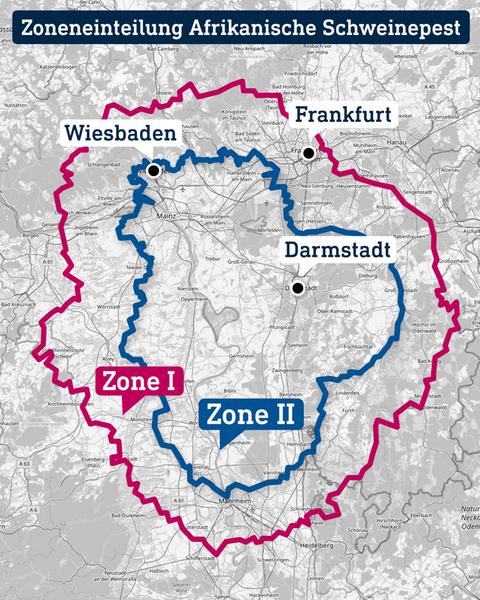 Kartenausschnitt von Südhessen, in welchen zwei Zonengrenzen eingezeichnet wurden. Darüber steht "Zonierung Afrikanische Schweinepest".