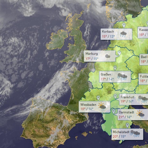 Symbolbild: Wettervorhersage-Karte Hessen, im Hintergrund ein Wetter-Satellitenbild von Europa (Collage)