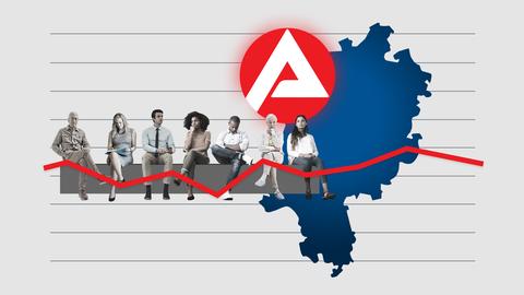 Grafik aus verschiedenen Elementen: rechts eine Hessenkarte in blau, links daneben ein "A"/Arbeitsamtzeichen, das leicht zu leuchten scheint, daneben/darunter klein einige Menschen auf deiner Bank sitzend und wartend. Vor all dem liegt eine Fieberkurve in rot, die sich über das ganze Bild zieht. Der Hintergrund ist grau mit dünnen horizontalen Linien.