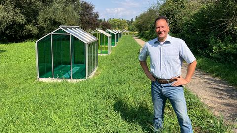 Thomas Södler vom Gartenbauverband Hessen vor dem Grüne-Soße-Denkmal in Form von kleinen Gewächshäusern in Frankfurt-Oberrad