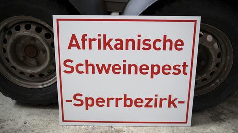 Schild mit der Aufschrift "Afrikanische Schweinepest - Sperrbezirk" 