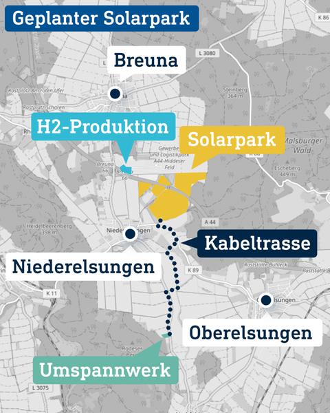 Karte mit den Orten Niederelsungen, Oberelsungen und Breuna. Dazwischen die Areals für "H2-Produktion", "Solarpark", "Kabeltrasse" und "Umspannwerk". 