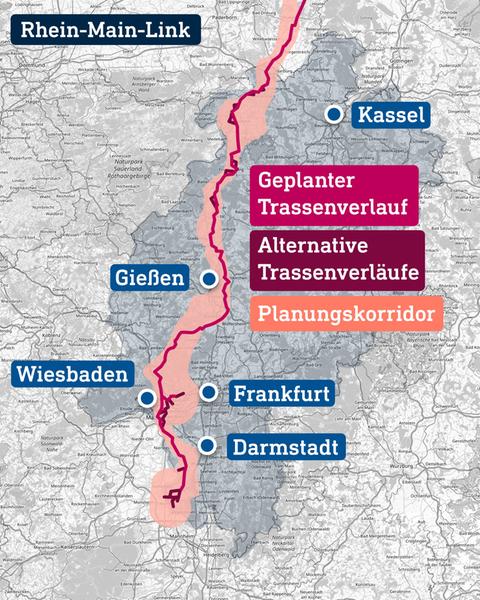 Karte Trassenverlauf Rhein-Main-Link in Hessen