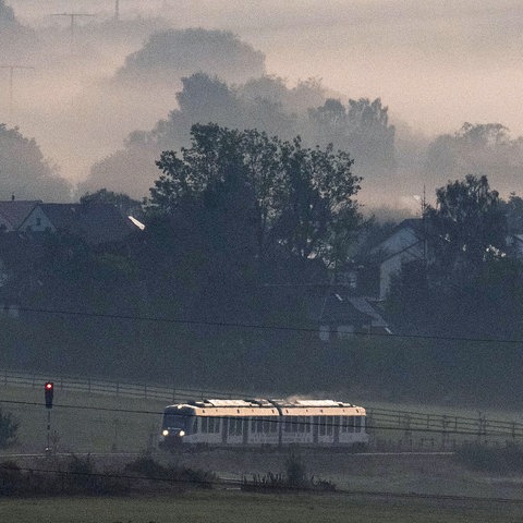 Ein Wasserstoffzug fährt im Taunus durch den herbstlichen Frühnebel.