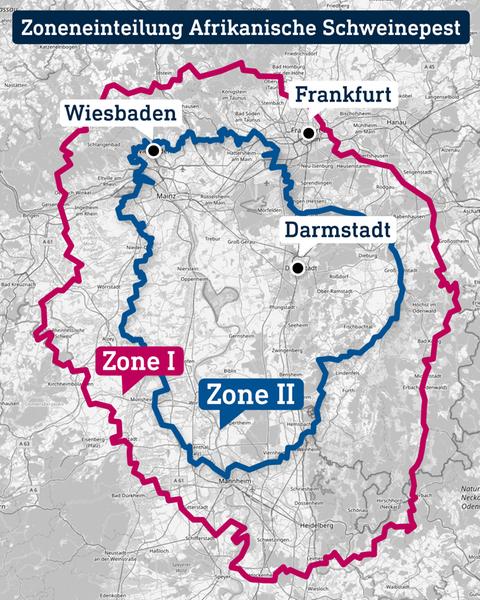 Kartenausschnitt von Südhessen, in welchen zwei Zonengrenzen eingezeichnet wurden. Darüber steht "Zonierung Afrikanische Schweinepest".